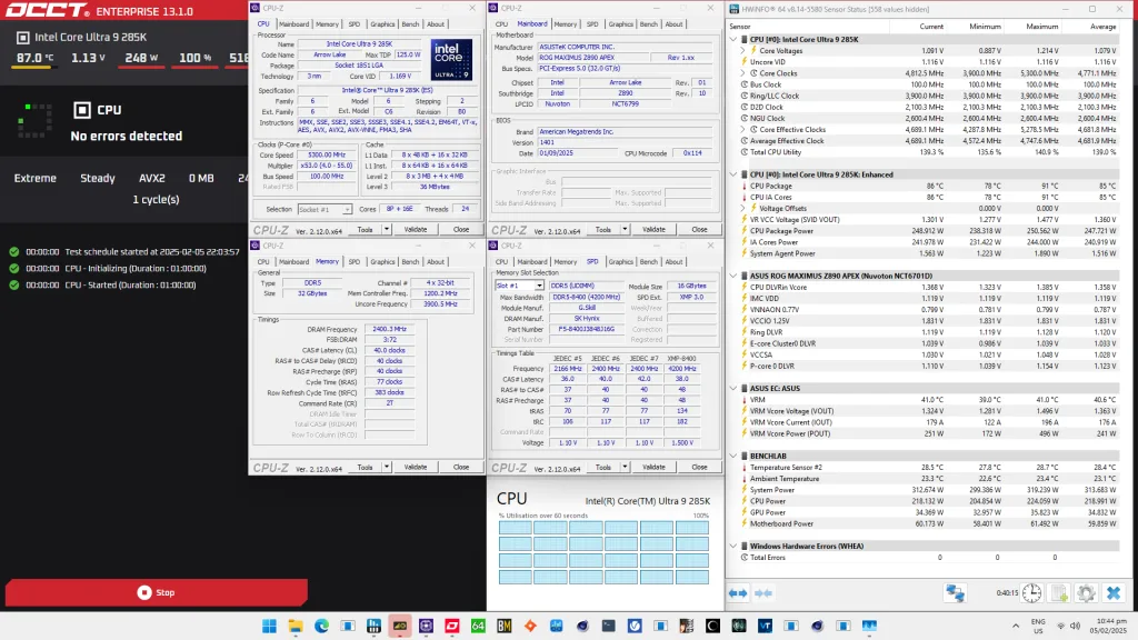 core ultra 9 285k stock occt avx2 stress test
