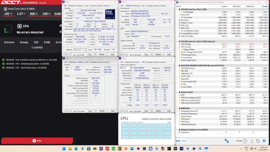 core ultra 9 285k cpu overclock occt sse stress test
