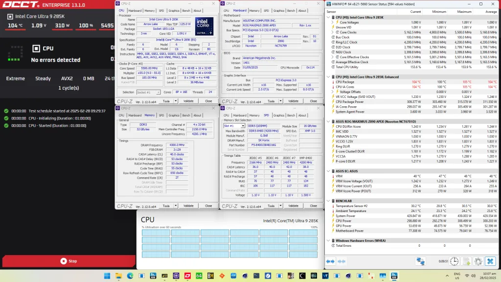 core ultra 9 285k power gate occt avx2 stress test
