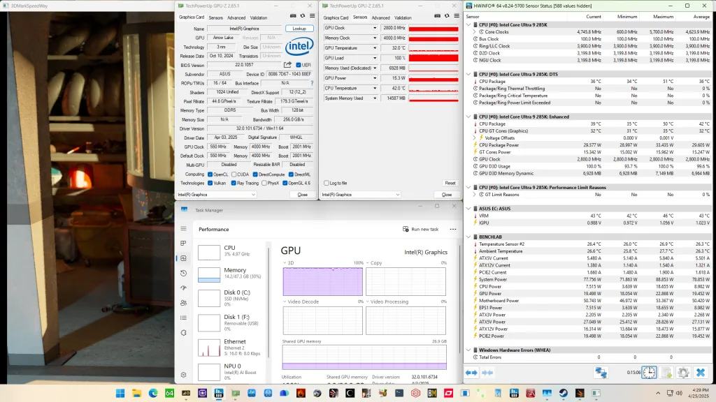 intel graphics (arrow lake) gpu overclock 3dmark speed way