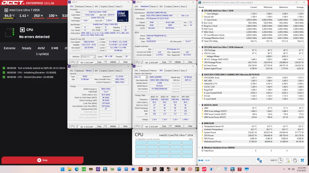 core ultra 7 265k 200s boost occt avx2 stress test