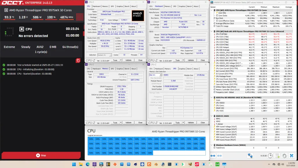 ryzen threadripper pro 9975wx pbo occt avx2 stress test