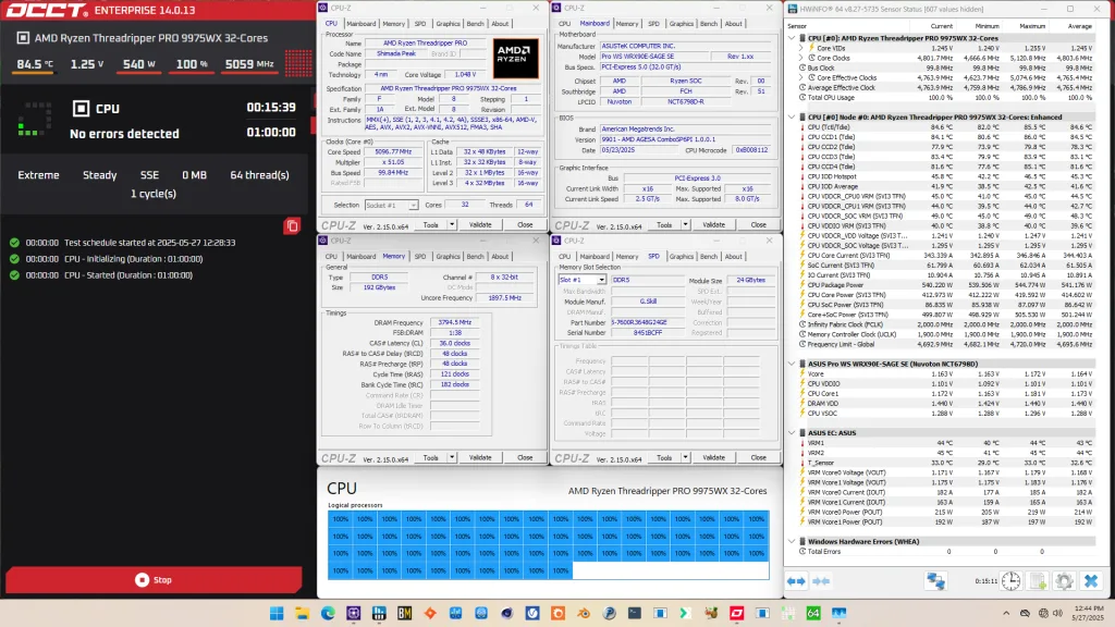 ryzen threadripper pro 9975wx pbo occt sse stress test