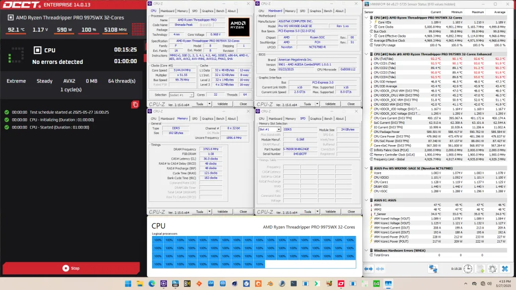 ryzen threadripper pro 9975wx curve occt avx2 stress test