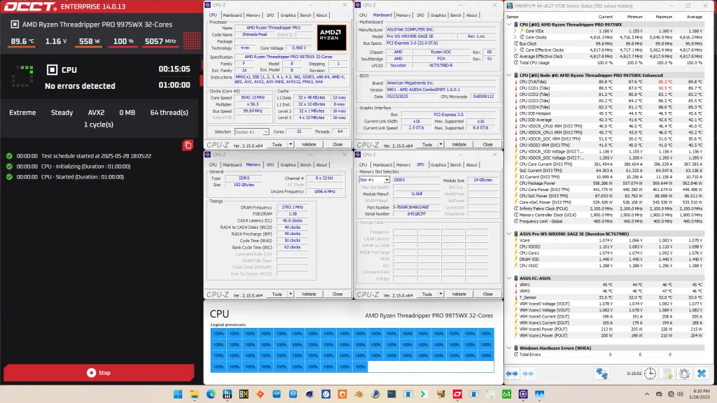 ryzen threadripper pro 9975wx oc mode occt avx2 stress test