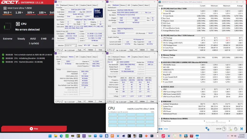 core ultra 7 265k cpu finetune occt avx2 stress test