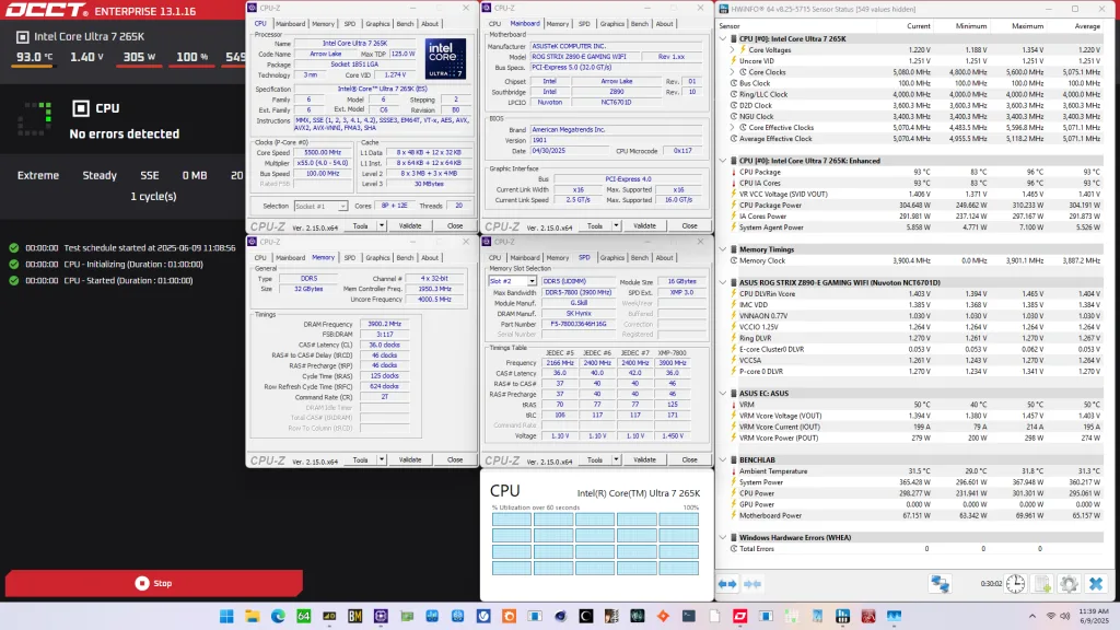 core ultra 7 265k cpu finetune occt sse stress test