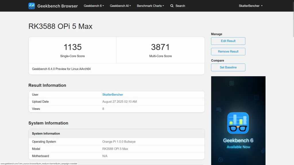 rockchip rk3588 3871 geekbench6