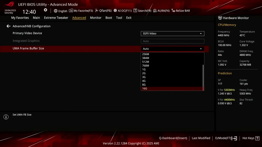 x870e hero UMA frame buffer size