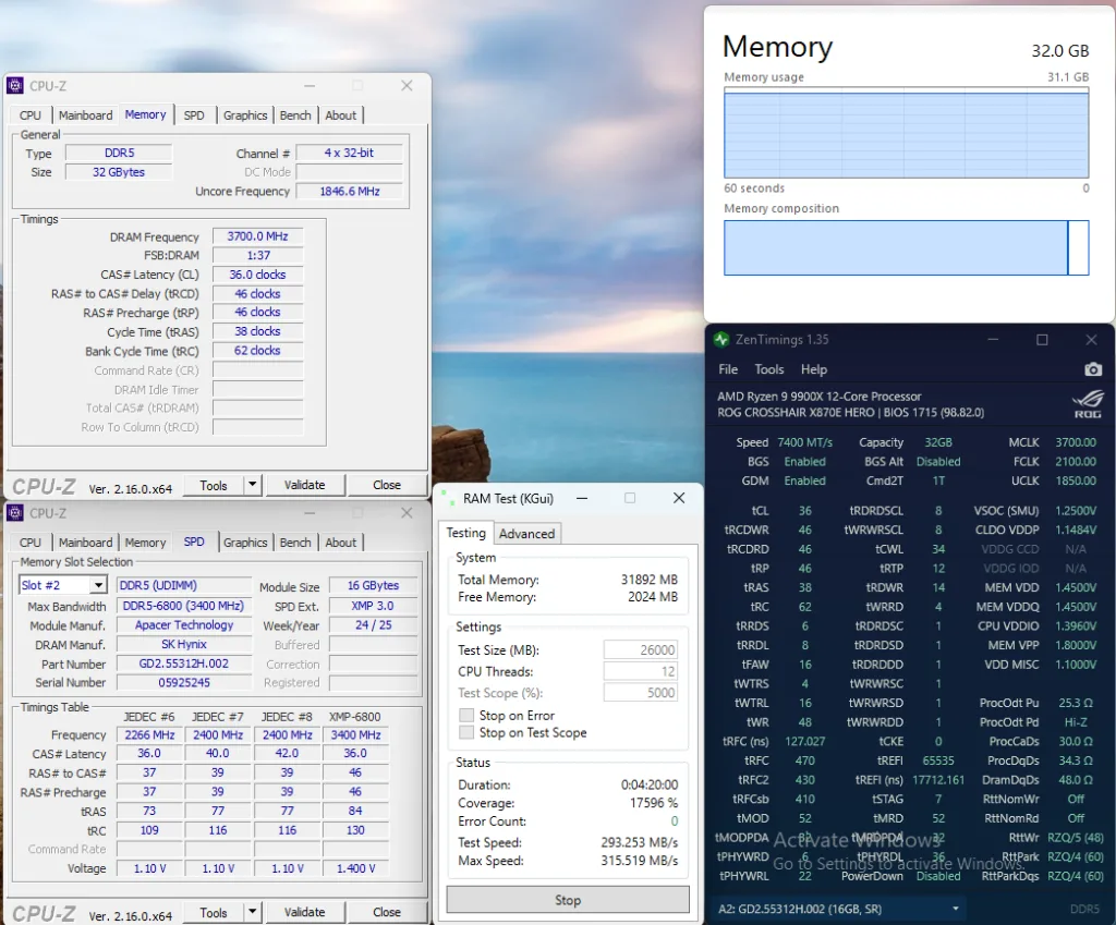 apacer nox rgb ddr5-6800 2x16gb 7400 tuned karhu memory stress test