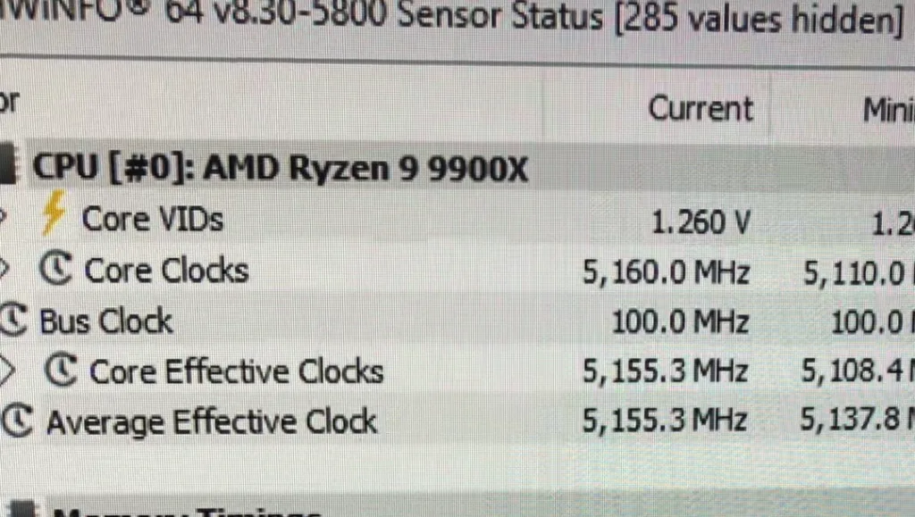 amd ryzen 9 9900x 290w occt avx2 frequency