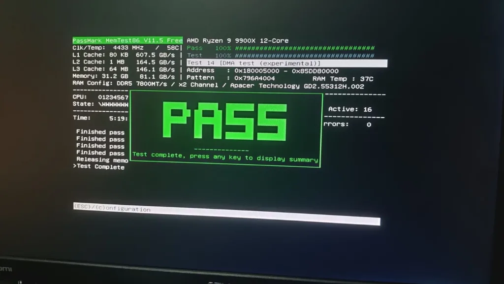 apacer nox rgb ddr5-6800 2x16gb 7800 tuned unstable passmark memory stress test