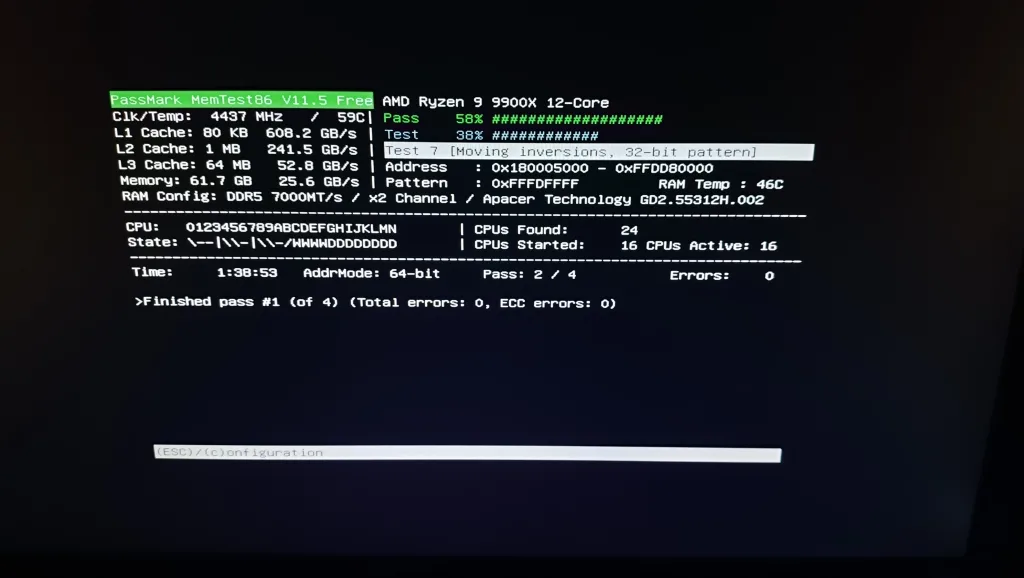 apacer nox rgb ddr5-6800 4x16gb ddr5-7000 passmark stress test