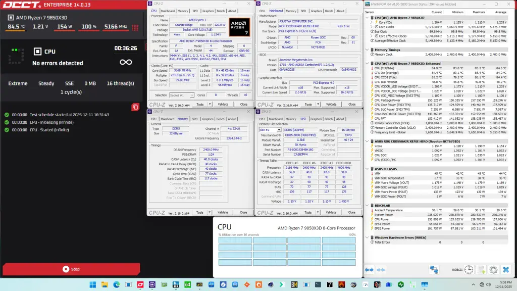 9850x3d stock occt avx-512 stress test