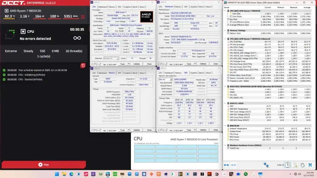 9850x3d memory tuned occt sse stress test