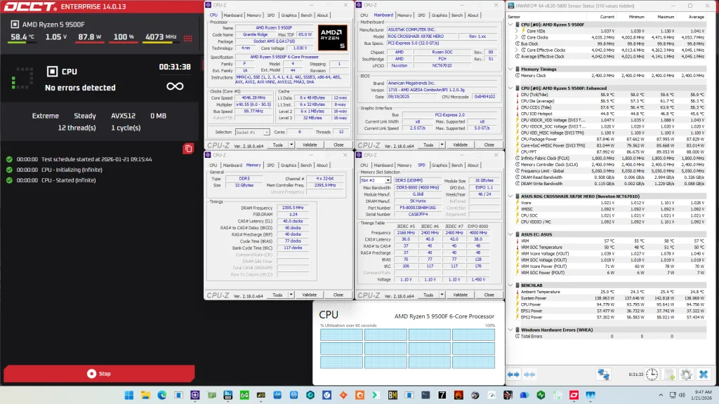 and ryzen 5 9500f stock occt avx512 stress test
