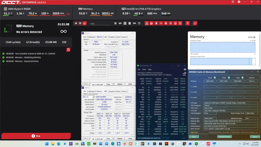 and ryzen 5 9500f expo enabled occt memory stress test