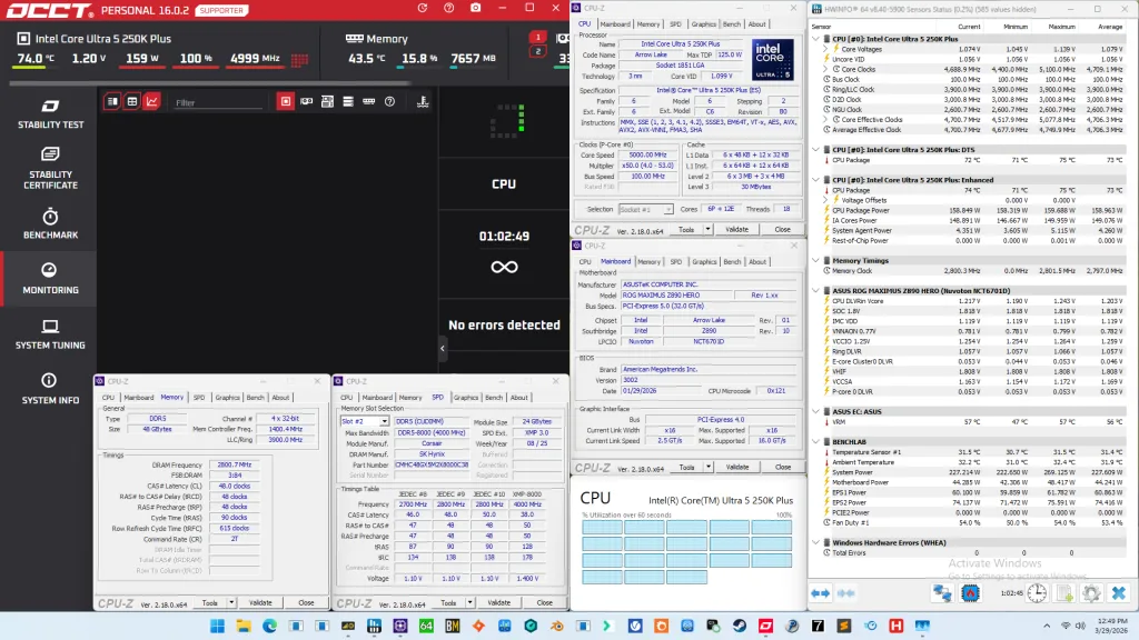 core ultra 5 250k plus stock occt sse